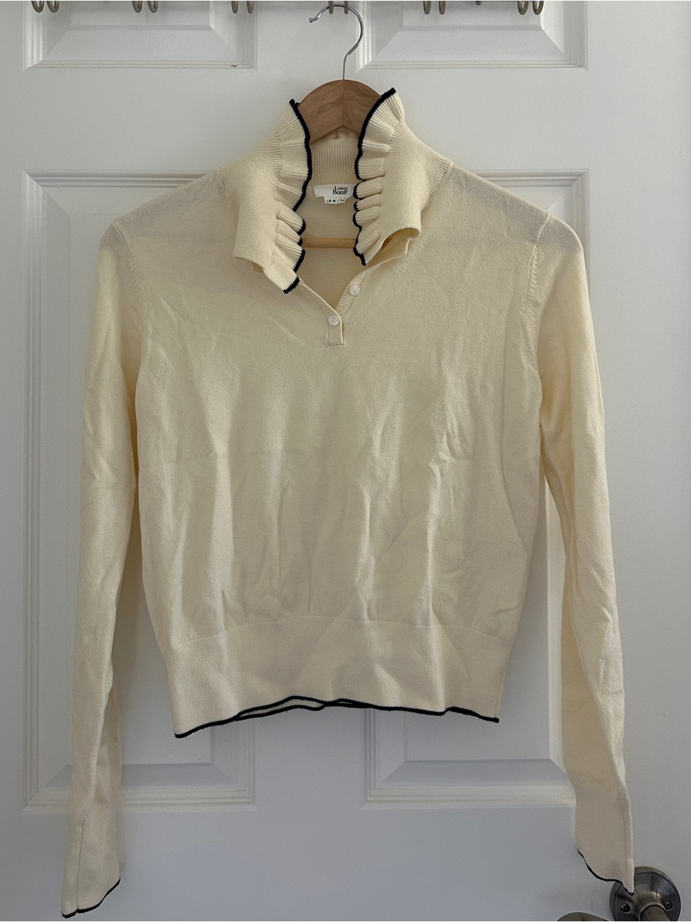 Cream Ruffle-Collar Sweater with Contrast Trim
